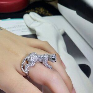 925 Sterling Silver Cubic Zirconia Panther Ring 3D Green Eyes